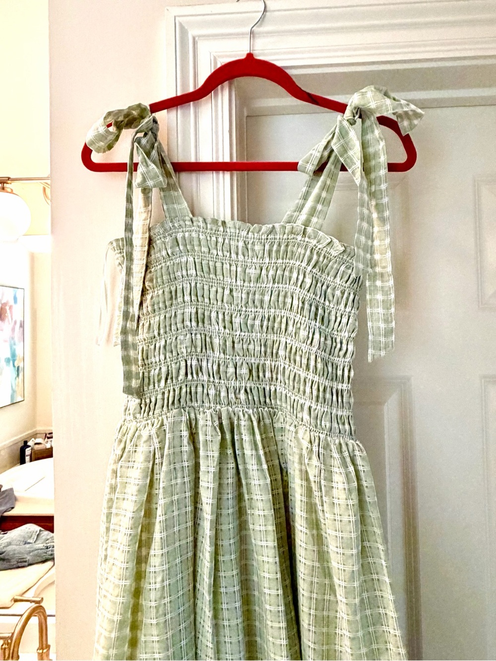 En Saison Sage Green Plaid Smocked Sundress